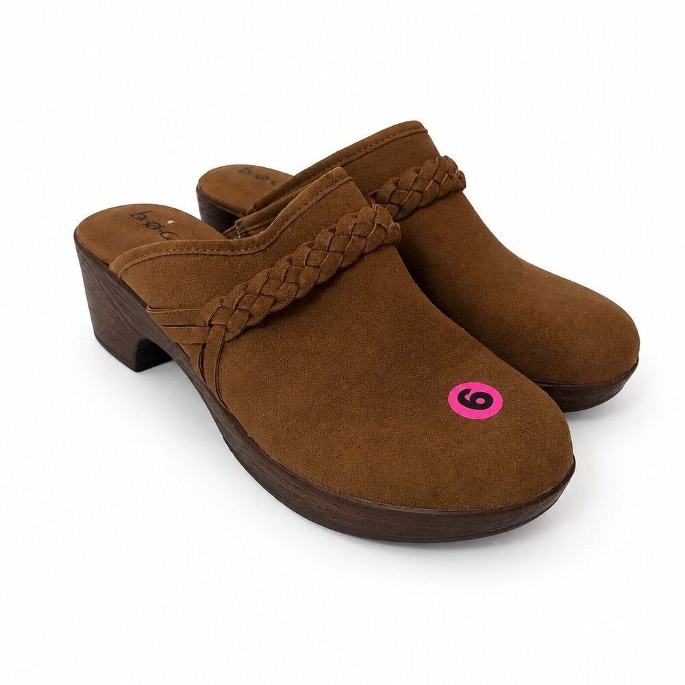 B.O.C. Born Women's 9M Brown Faux Suede Braided Clog Mules Wood Look Block Heel
